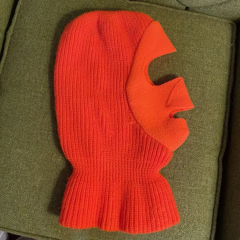 Vintage Blaze Orange Winter Ski Face Mask Hunting Beanie Hat Balaclava Knit